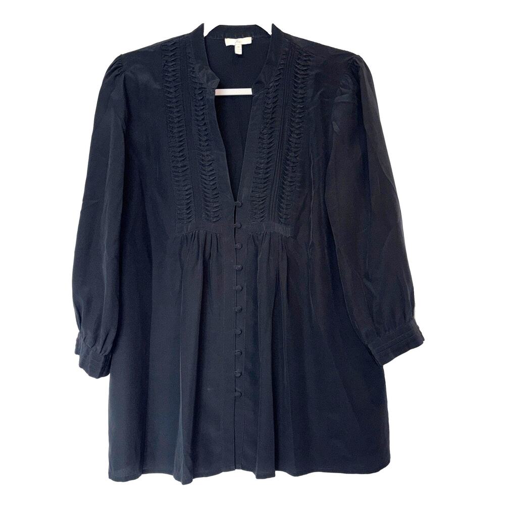 Joie Silk Blouse M Black Pleated Smocking V-Neck 3/4 Sleeve Boho Luxe Top Y2K